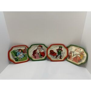 VTG J.S.N.Y Set Of 4 Christmas Enameled Metal Tin Cookie Snack Trays No. 5624